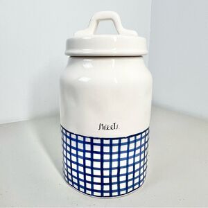 Rae Dunn Sweets Ceramic Canister Jar W/ Lid Blue Gingham Artisan Collection